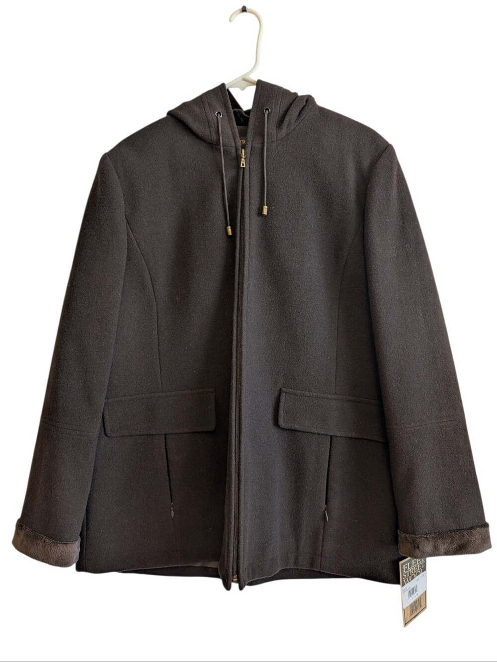 Fleet Street Women's Wool Hooded Coat Brown Size Large Faux Fur Trim